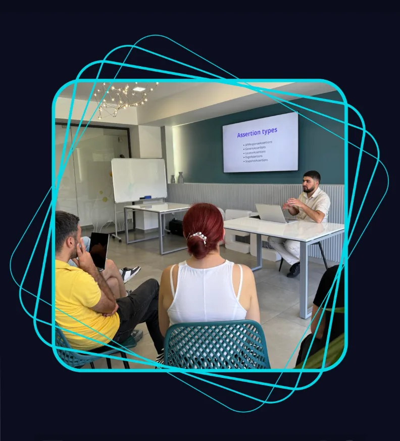 Samvel Antapyan presenting a slide titled Assertion types during the Playwright workshop