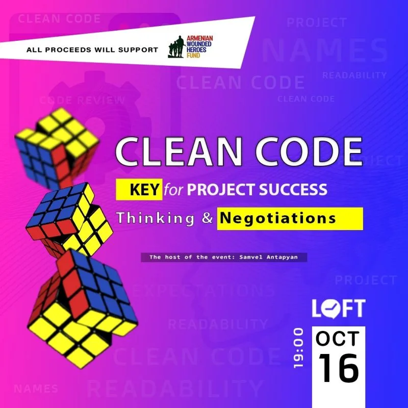 Event poster for Clean Code: Key for Project Success at The LOFT, listing Samvel Antapyan as the host